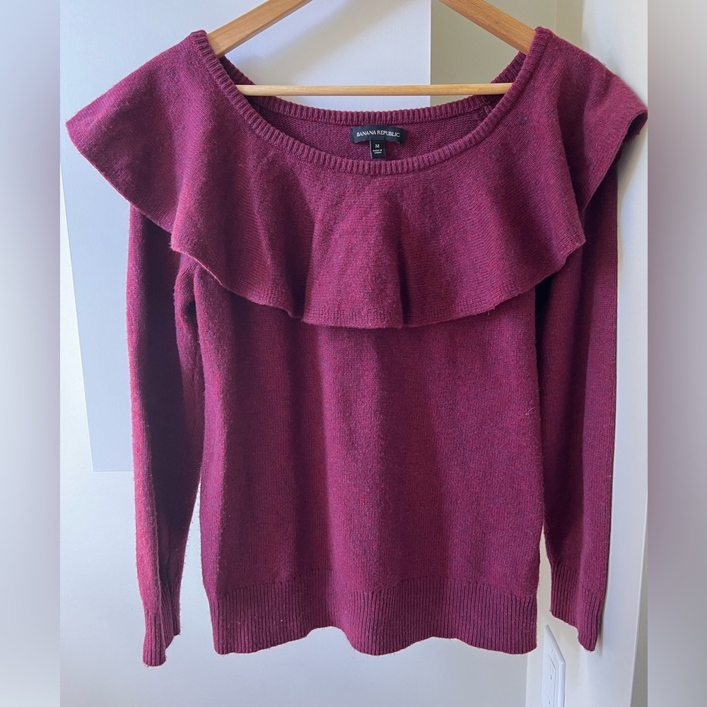 BANANA REPUBLIC Cashmere Merino Blend Ruffle Sweater Burgundy Coquette M